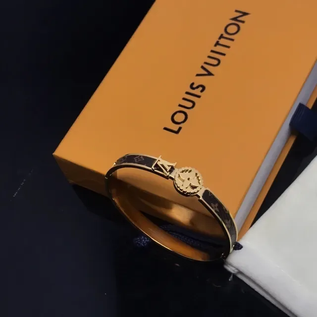 Louis Vuitton Monogram Canvas Bangle Gold Brown Metal Inlay Bracelet 3