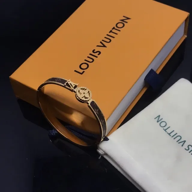 Louis Vuitton Monogram Canvas Bangle Gold Brown Metal Inlay Bracelet 4