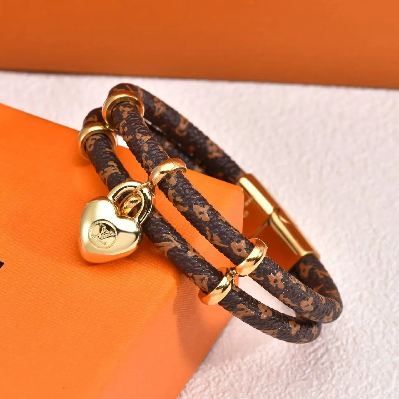 Louis Vuitton Monogram Cord Bracelet Brown Gold Double-Wrap Leather Bracelet 3