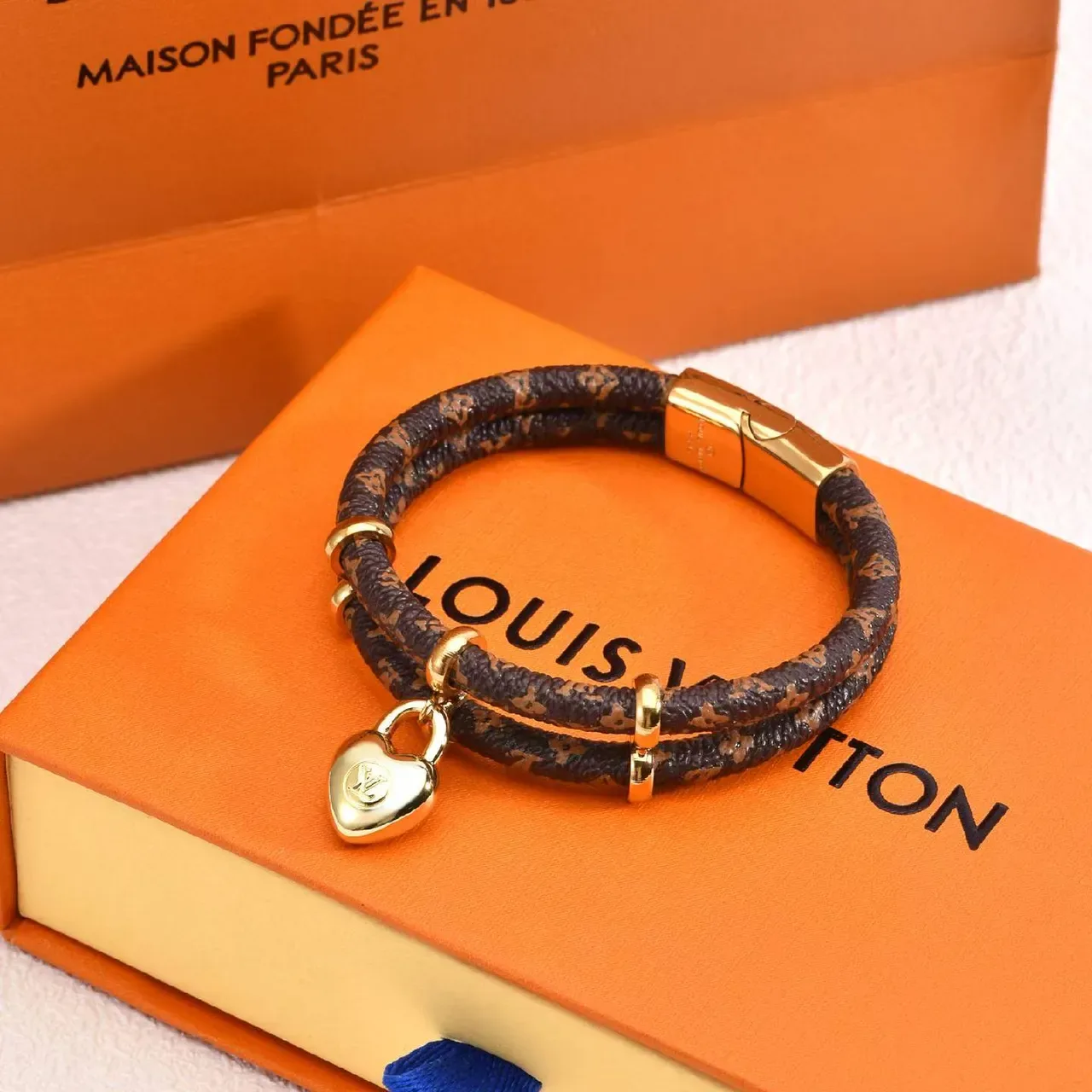 Louis Vuitton Monogram Cord Bracelet Brown Gold Double-Wrap Leather Bracelet 4