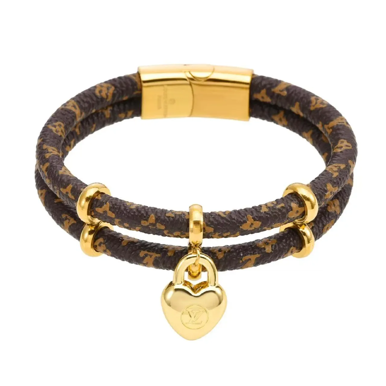 Louis Vuitton Monogram Cord Bracelet Brown Gold Double-Wrap Leather Bracelet 5