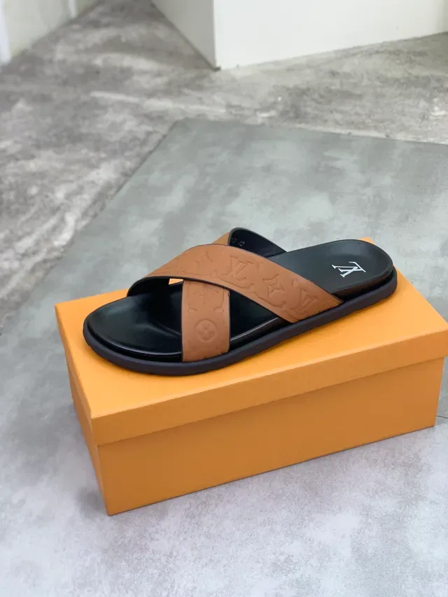Louis Vuitton Monogram Cross-Strap Black and Tan Slippers 3