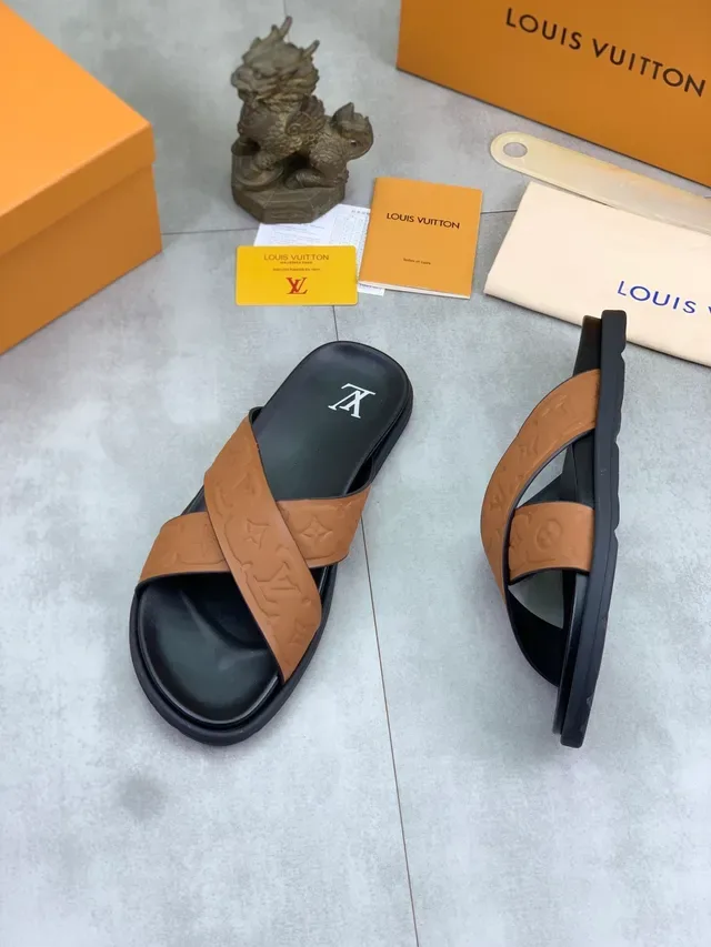 Louis Vuitton Monogram Cross-Strap Black and Tan Slippers 4