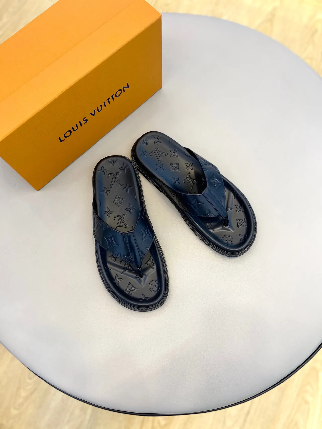 Louis Vuitton Monogram-Embossed Navy Blue Slippers 9