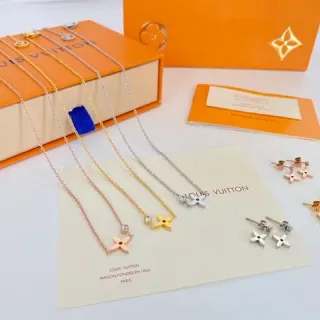 Louis Vuitton Monogram Flower Gold Silver Four-Petal Motif Fine Chain Necklace