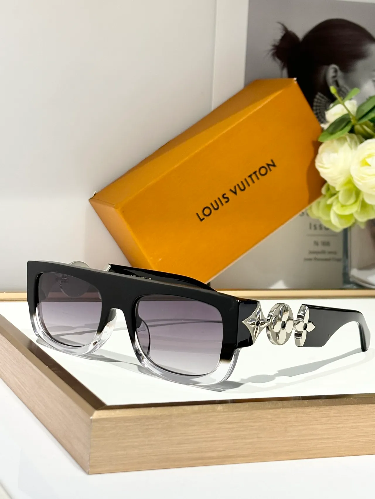Louis Vuitton Monogram Flower Rectangular Glossy Black Sunglasses 7