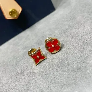 Louis Vuitton Monogram Flower Red Enamel Gold-Tone Asymmetrical Stud Earrings