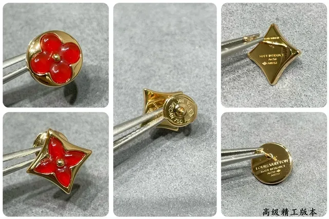 Louis Vuitton Monogram Flower Red Enamel Gold-Tone Asymmetrical Stud Earrings 4