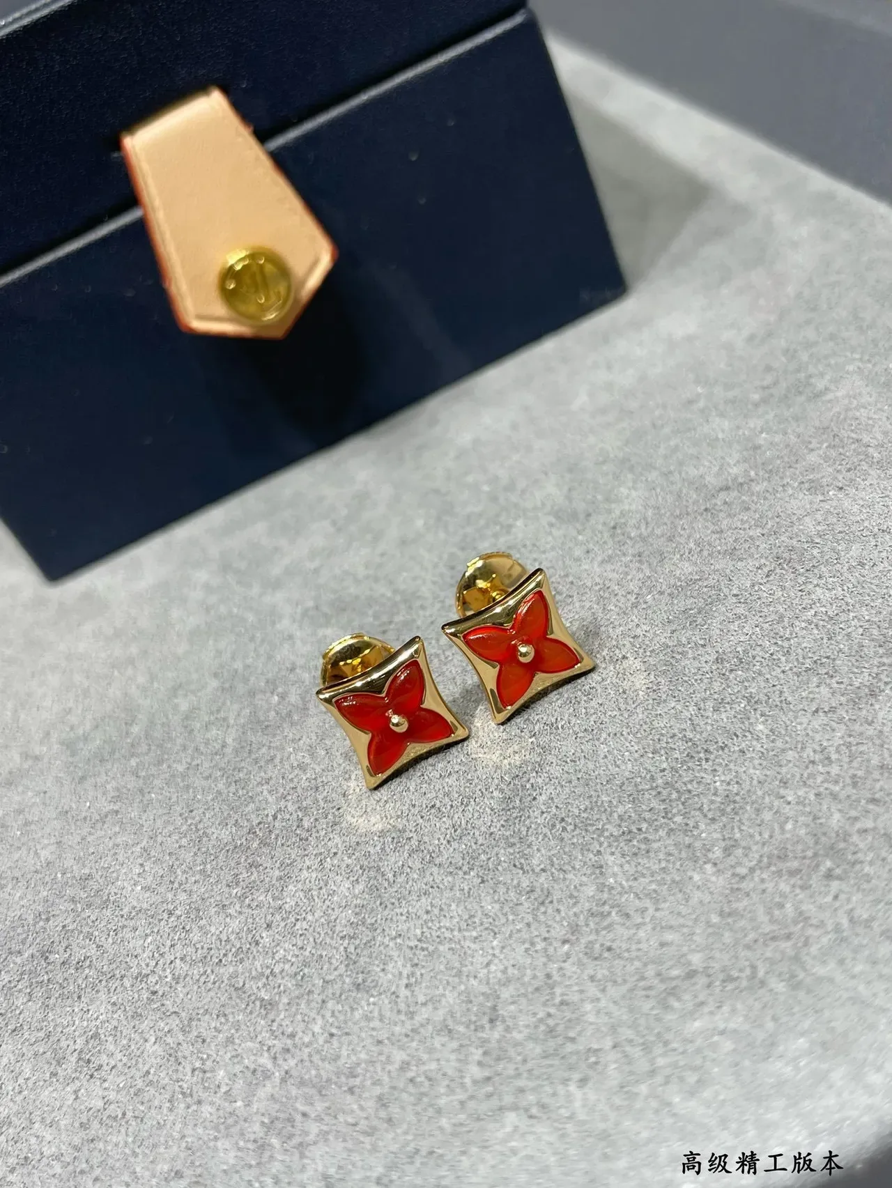Louis Vuitton Monogram Flower Red Enamel Gold-Tone Asymmetrical Stud Earrings 5