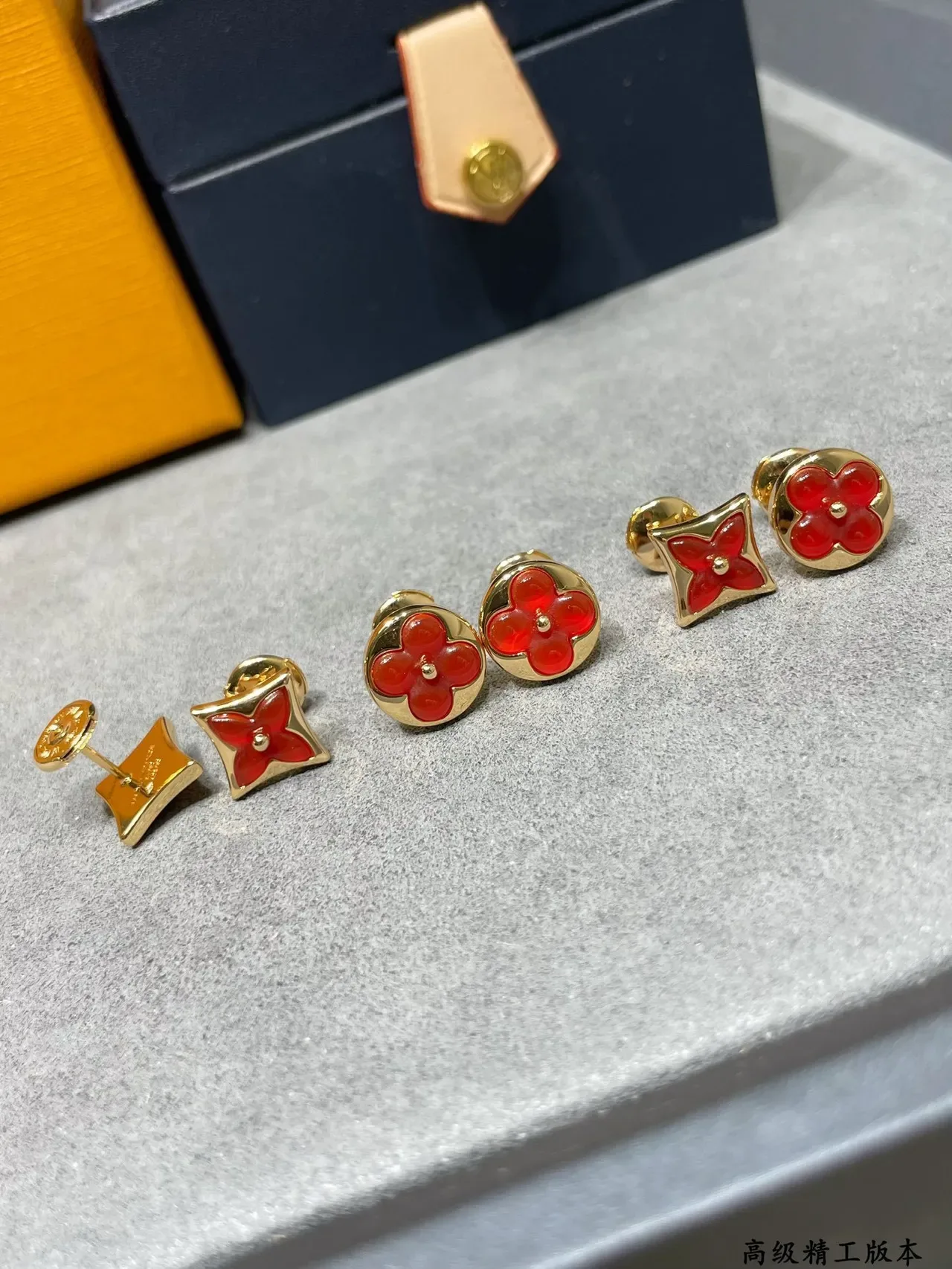 Louis Vuitton Monogram Flower Red Enamel Gold-Tone Asymmetrical Stud Earrings 7