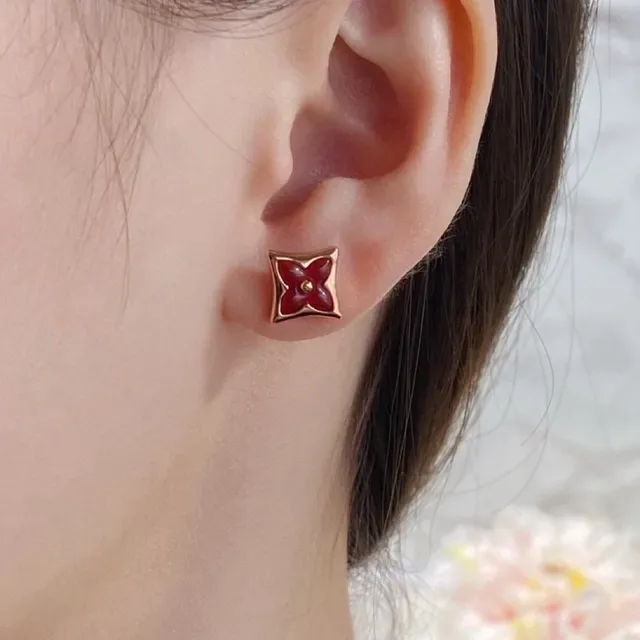 Louis Vuitton Monogram Flower Red Enamel Gold-Tone Asymmetrical Stud Earrings 9