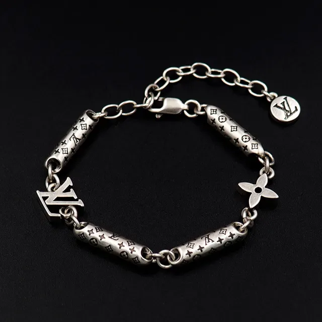 Louis Vuitton Monogram Hardware Silver Black Cylindrical Links Mixed Charm Elements Bracelet 11