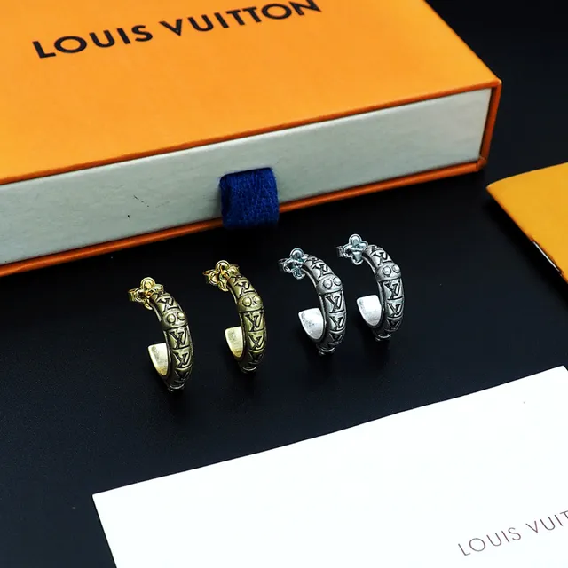Louis Vuitton Monogram Hoop Silver Black Earrings 4