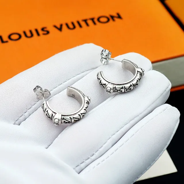 Louis Vuitton Monogram Hoop Silver Black Earrings 7