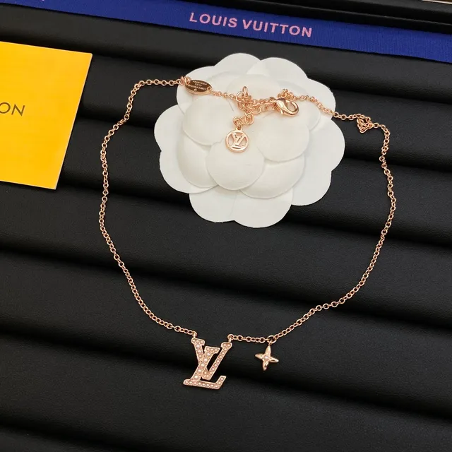 Louis Vuitton Monogram Jewelry Gold White Rose Crystal-Pavé Necklace 8