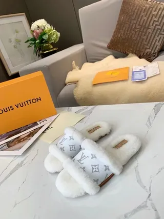 Louis Vuitton Monogram Shearling White Beige Canvas Slippers 2