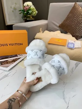 Louis Vuitton Monogram Shearling White Beige Canvas Slippers 3