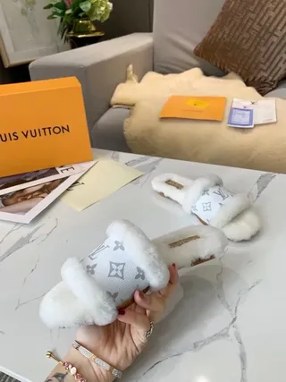 Louis Vuitton Monogram Shearling White Beige Canvas Slippers 7