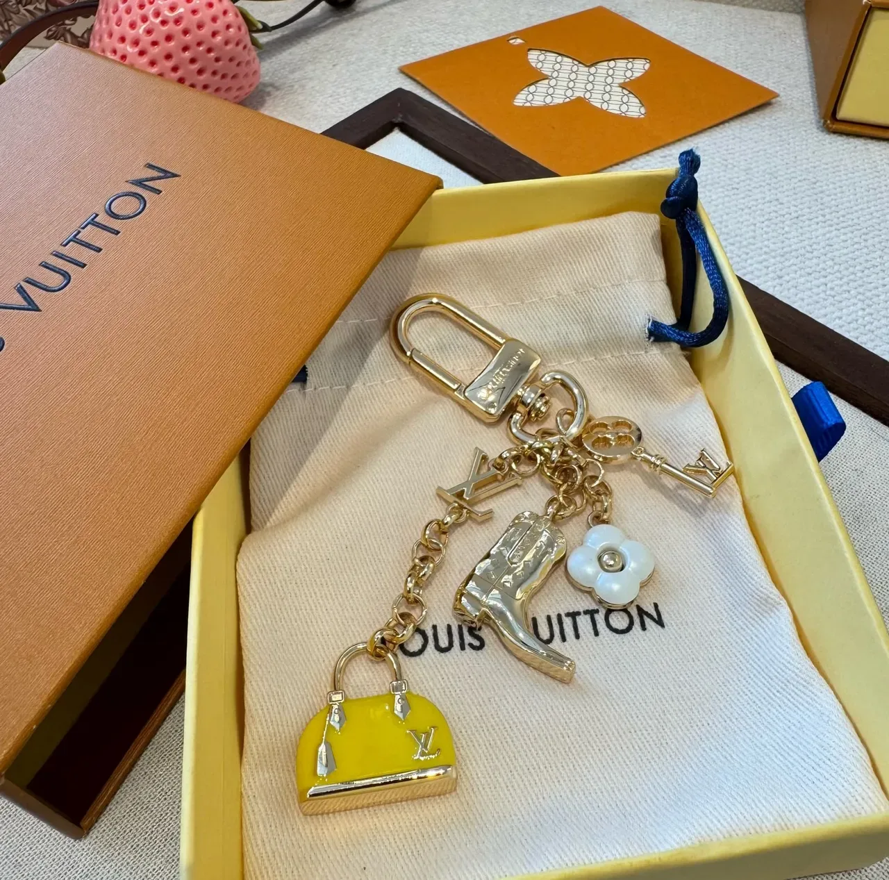 Louis Vuitton Multi-Charm Keyring Gold Yellow Metal Enamel Bag Bracelet 3