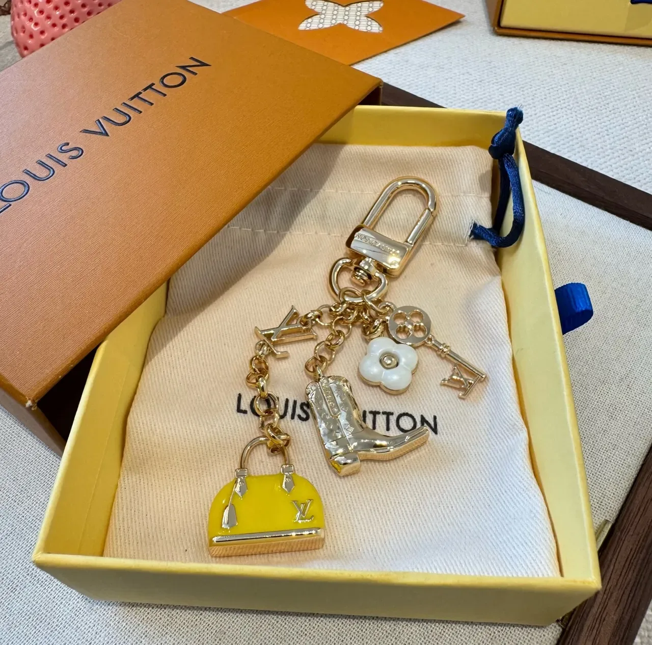 Louis Vuitton Multi-Charm Keyring Gold Yellow Metal Enamel Bag Bracelet 4