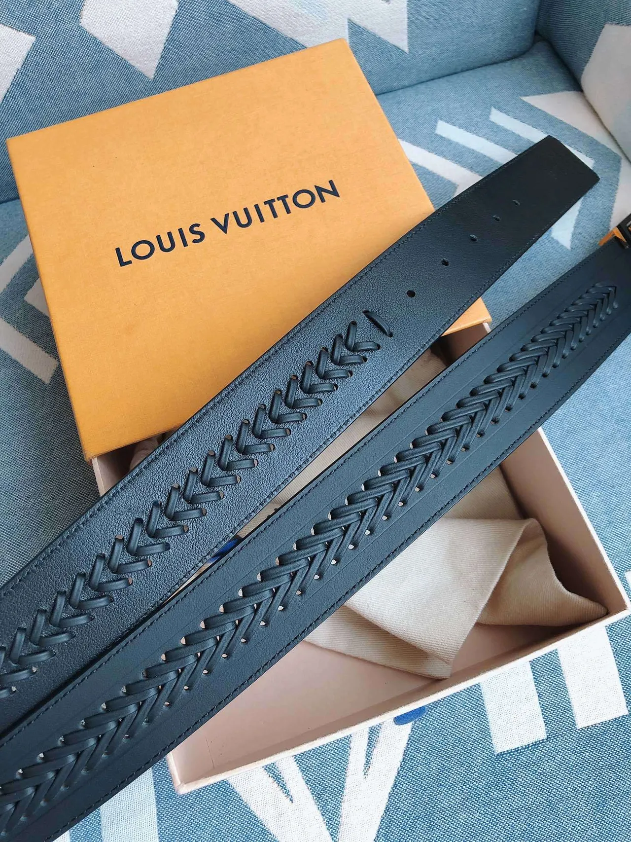 Louis Vuitton Navy Gold Braided Strap Oversized LV Monogram Buckle Leather Belt 2