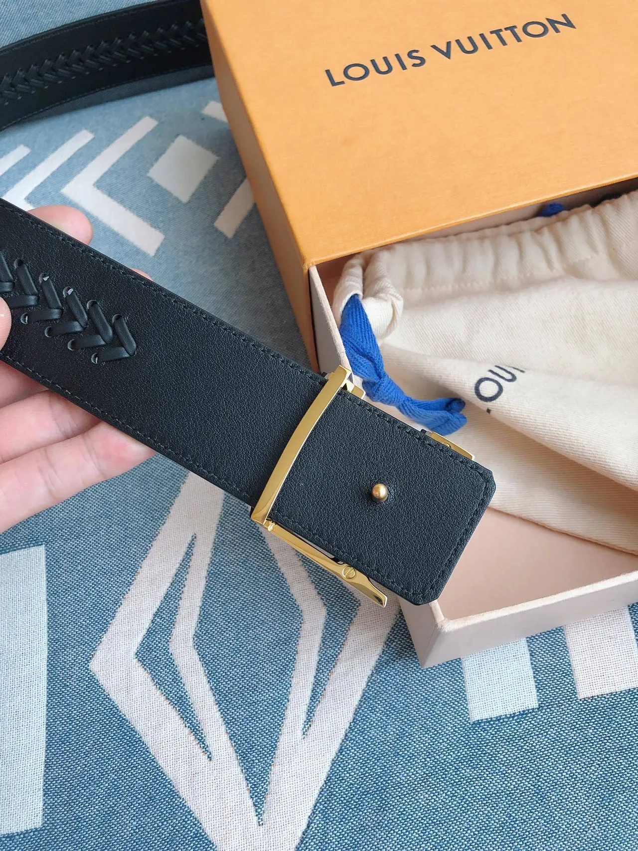 Louis Vuitton Navy Gold Braided Strap Oversized LV Monogram Buckle Leather Belt 5