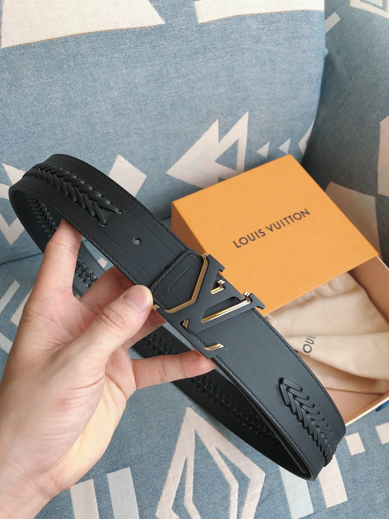 Louis Vuitton Navy Gold Braided Strap Oversized LV Monogram Buckle Leather Belt 8