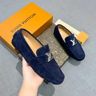 Louis Vuitton Navy Silver Suede Metal LV Buckle Loafer