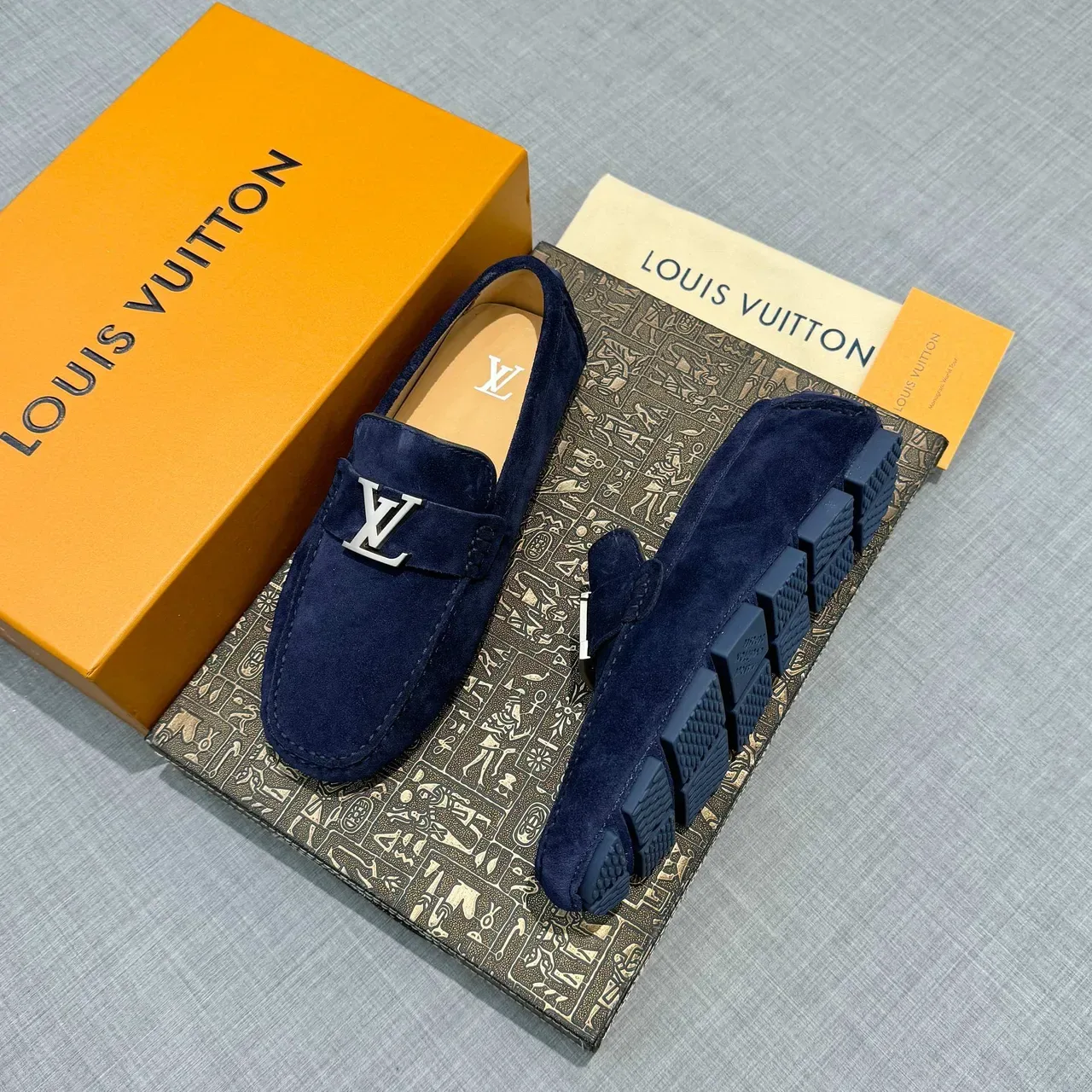 Louis Vuitton Navy Silver Suede Metal LV Buckle Loafer 2