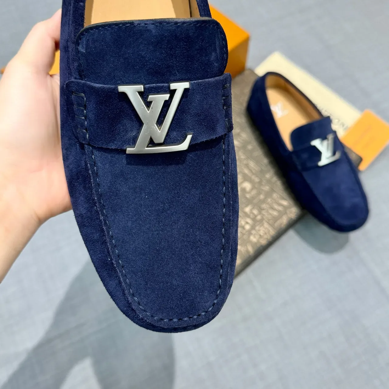 Louis Vuitton Navy Silver Suede Metal LV Buckle Loafer 3