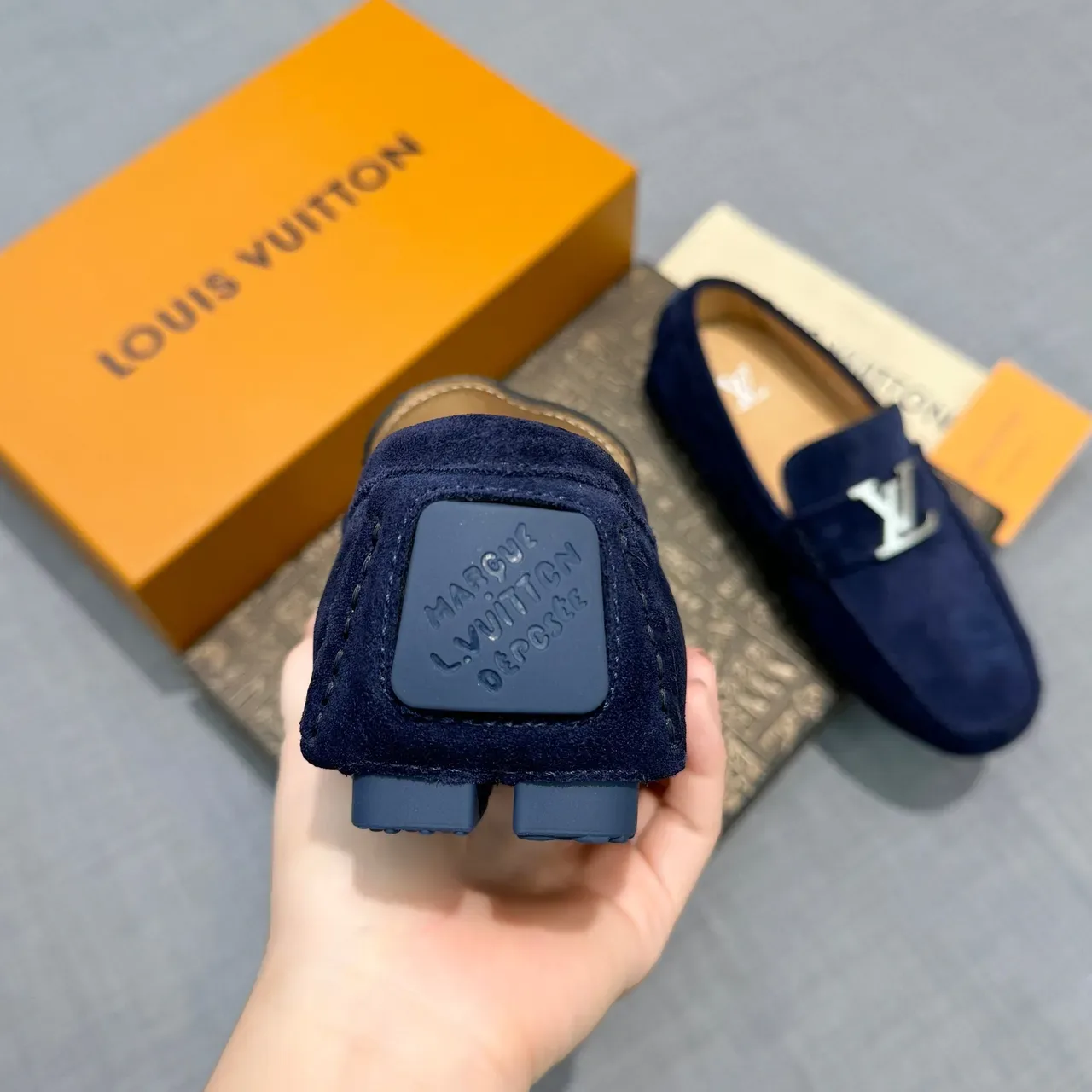 Louis Vuitton Navy Silver Suede Metal LV Buckle Loafer 4