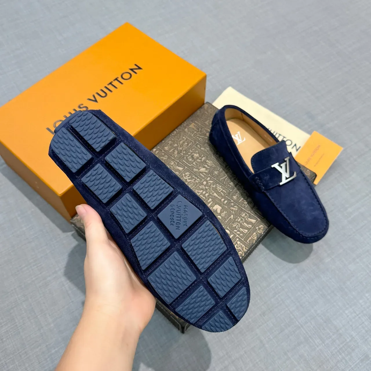 Louis Vuitton Navy Silver Suede Metal LV Buckle Loafer 5