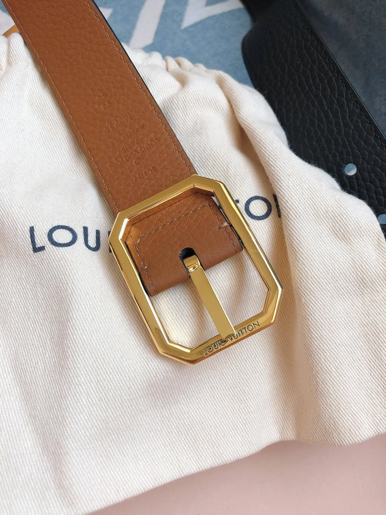 Louis Vuitton Octagon Belt তান চামড়া সোনার বাকল চামড়া বেল্ট 8