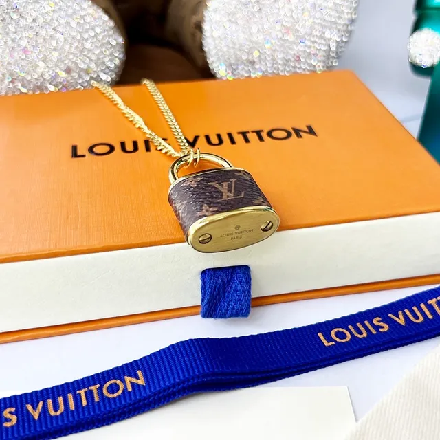 Louis Vuitton Padlock Necklace Brown Monogram Leather Silver and Gold Tone Necklaces 3