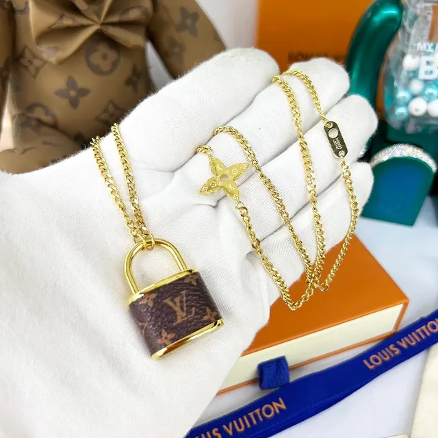 Louis Vuitton Padlock Necklace Brown Monogram Leather Silver and Gold Tone Necklaces 5
