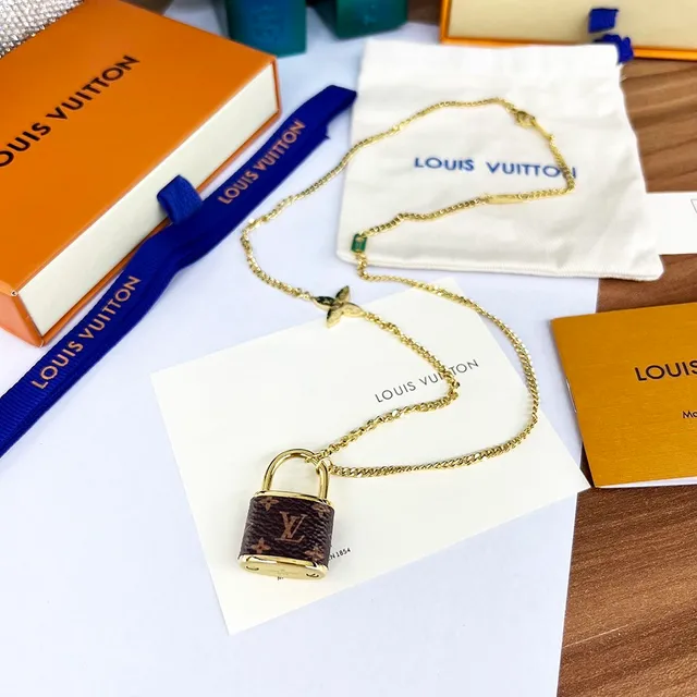 Louis Vuitton Padlock Necklace Brown Monogram Leather Silver and Gold Tone Necklaces 6