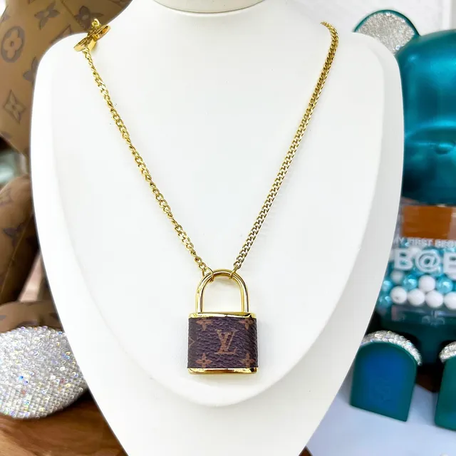 Louis Vuitton Padlock Necklace Brown Monogram Leather Silver and Gold Tone Necklaces 8