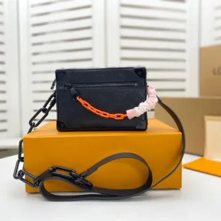 Louis Vuitton Petite Malle Black Orange Boxy Trunk Silhouette Monogrammed Leather Chain Bag