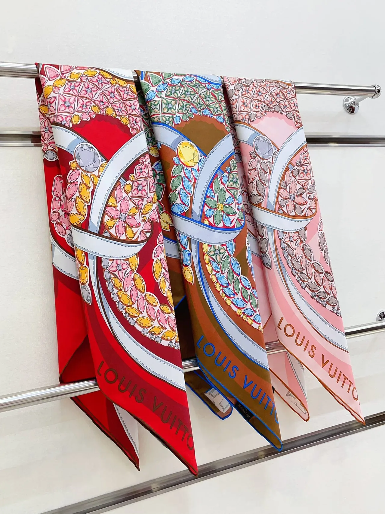 Louis Vuitton Printed Gemstone Floral Red Silk Scarf 4