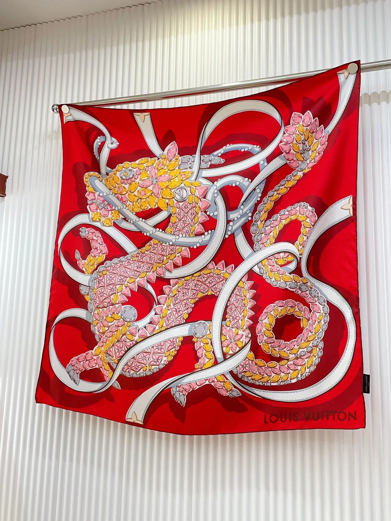 Louis Vuitton Printed Gemstone Floral Red Silk Scarf 5