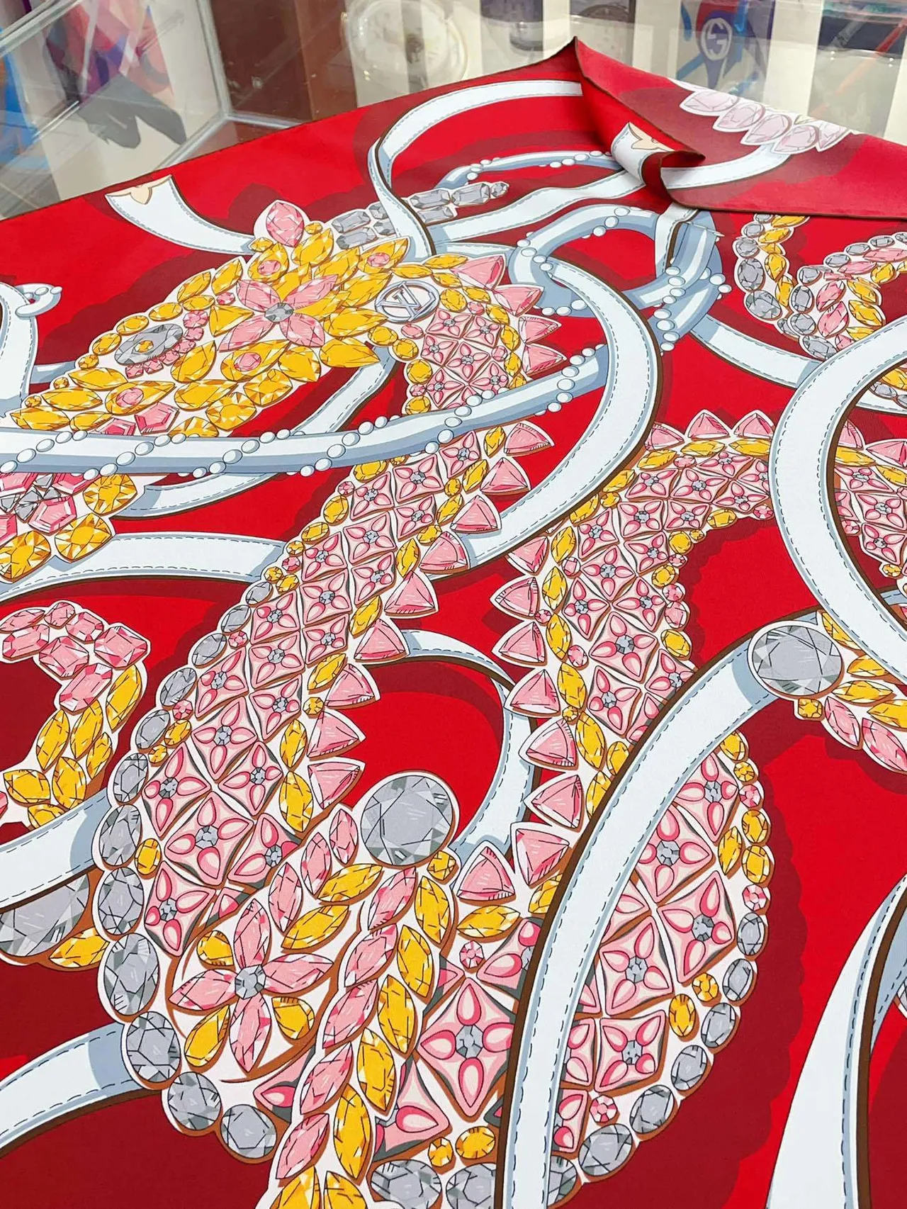 Louis Vuitton Printed Gemstone Floral Red Silk Scarf 6