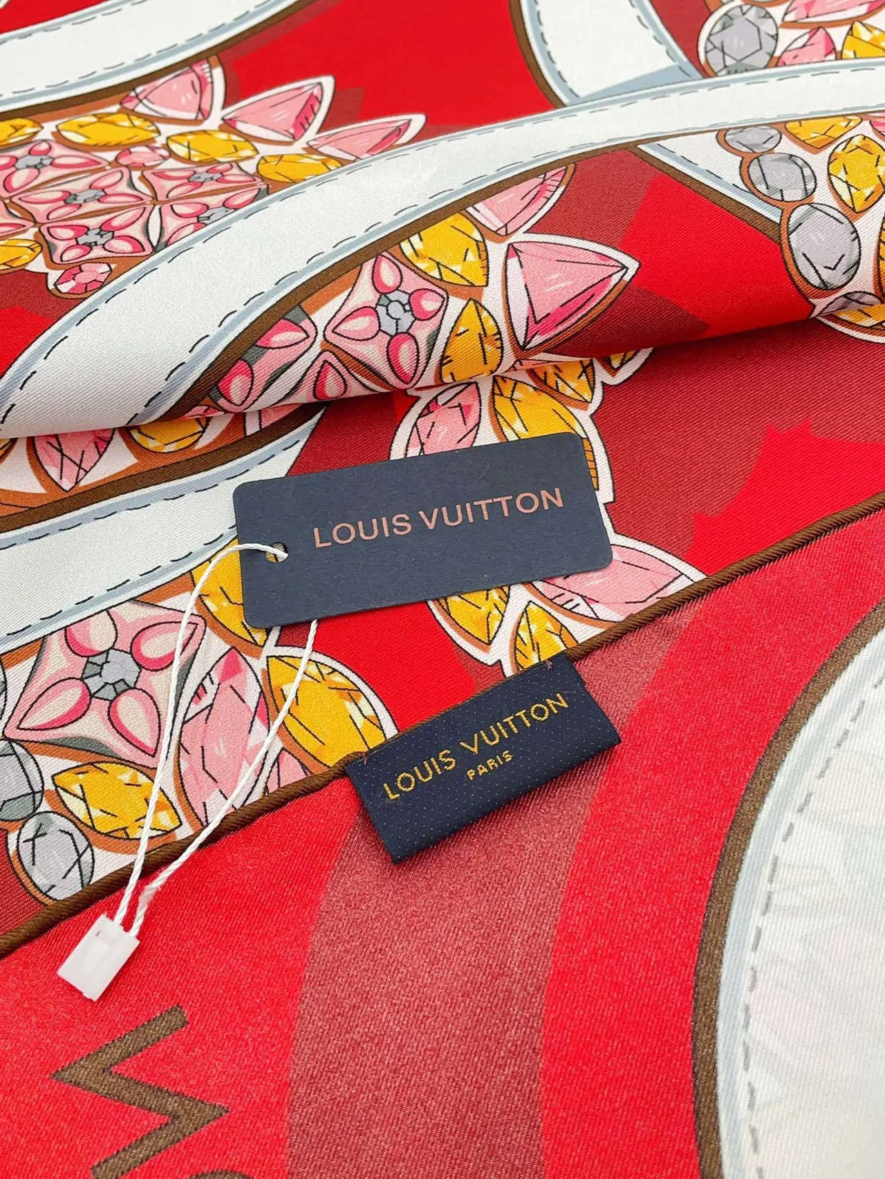 Louis Vuitton Printed Gemstone Floral Red Silk Scarf 7