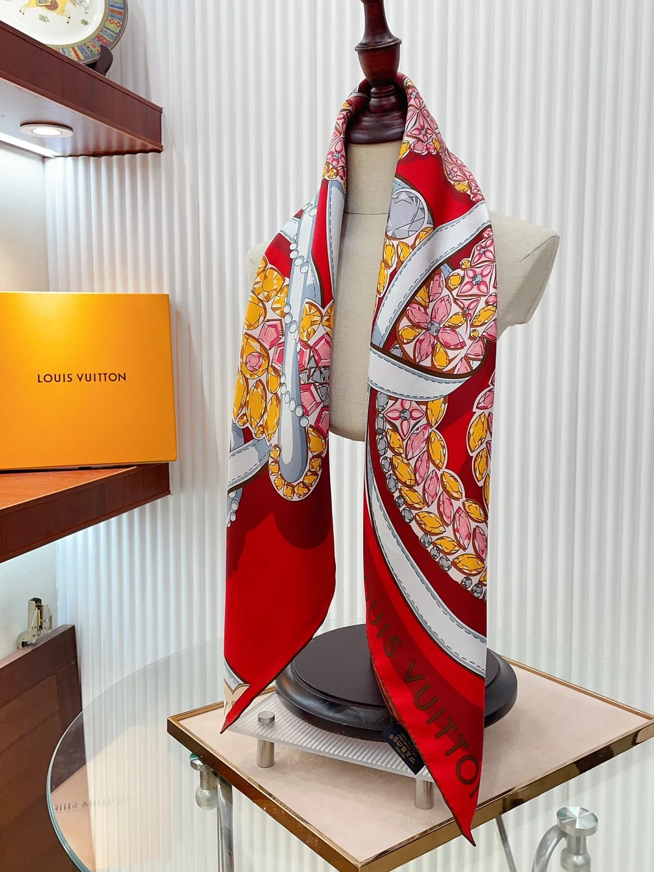Louis Vuitton Printed Gemstone Floral Red Silk Scarf 8