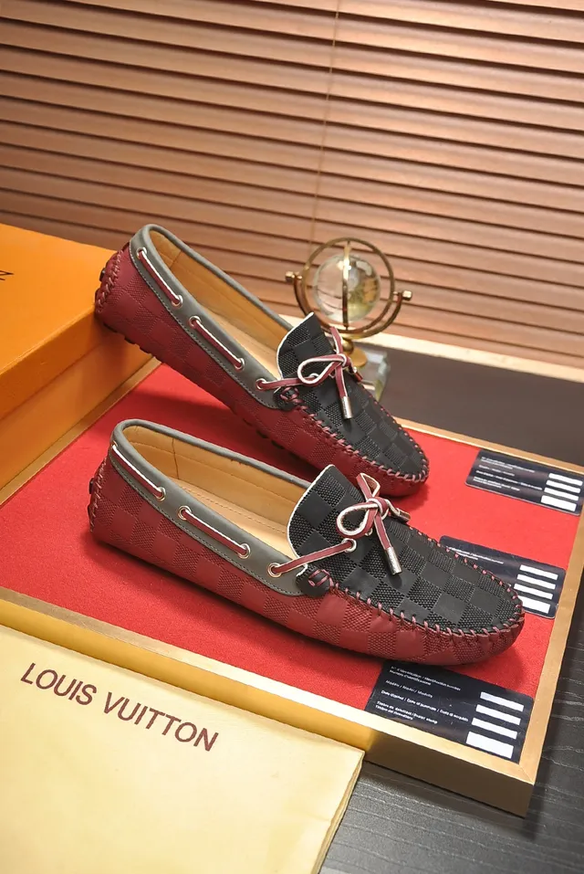 Louis Vuitton Red Black Damier Check Pattern Decorative Bow Laces Loafer 4