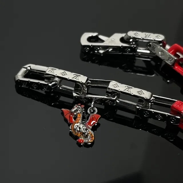 Louis Vuitton Red Silver Metal-and-Resin Chain Monogram-Engraved Hardware Bracelet 4