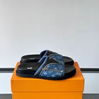 Louis Vuitton Run Away Blue Black Monogram Denim Strap Zipper Accent Slippers