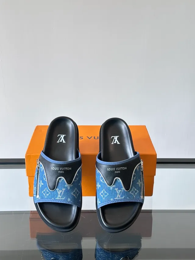 Louis Vuitton Run Away Blue Black Monogram Denim Strap Zipper Accent Slippers 3