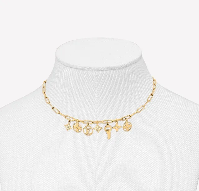 Louis Vuitton Silver Beige Paperclip-Link Chain Dangling Monogram Charms Necklace 4