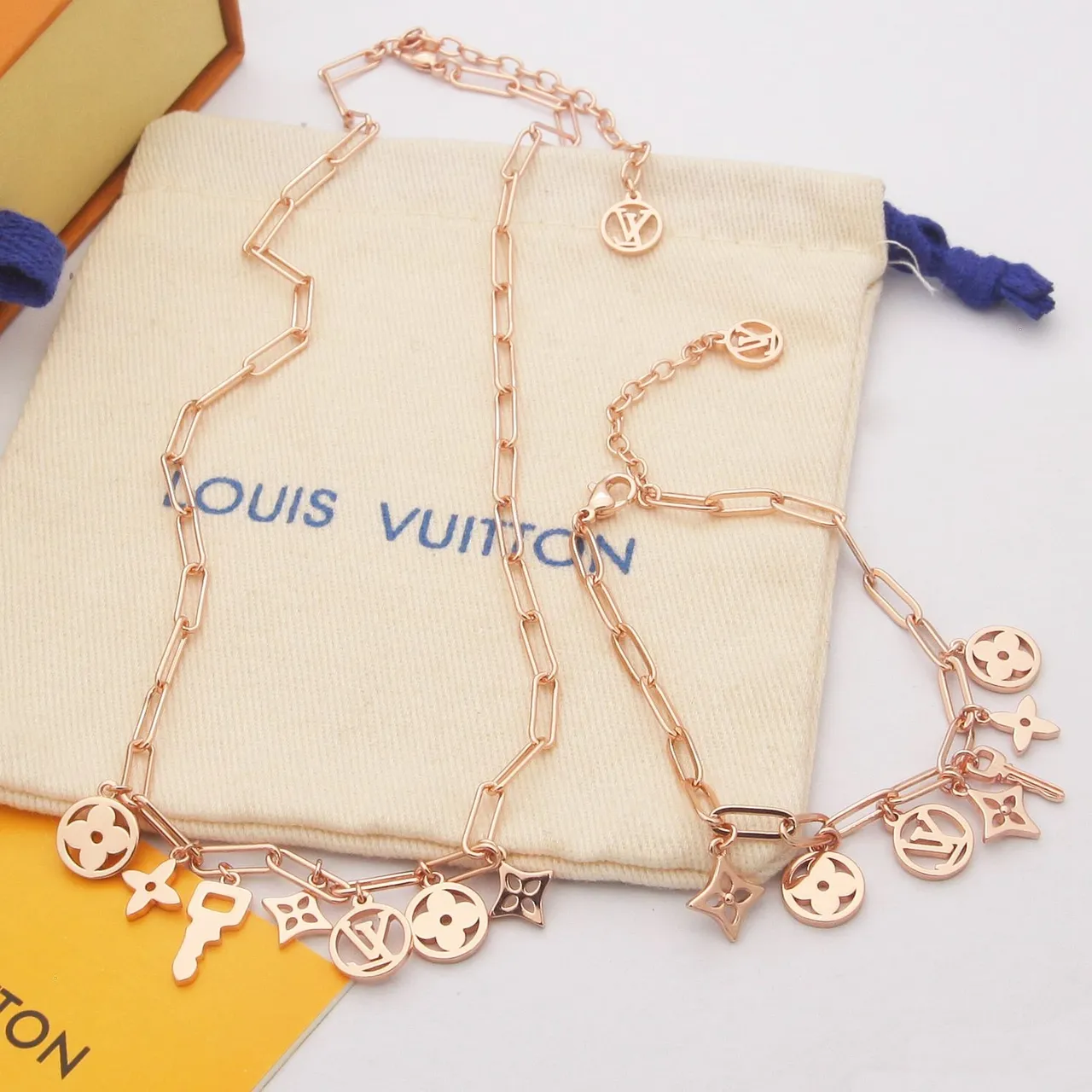 Louis Vuitton Silver Beige Paperclip-Link Chain Dangling Monogram Charms Necklace 7