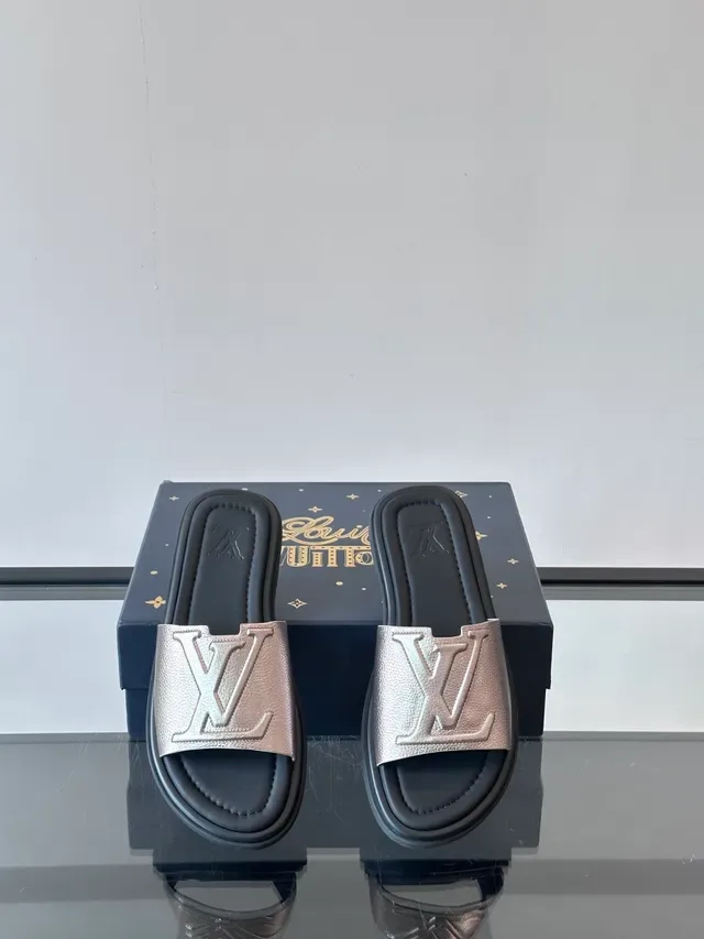 Louis Vuitton Silver Black Monogrammed Strap Metallic Finish Slippers 4